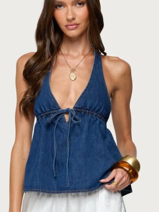 Edikted Tops - Edikted Denim Halter Top | Dark Wash Open Back Tie Top